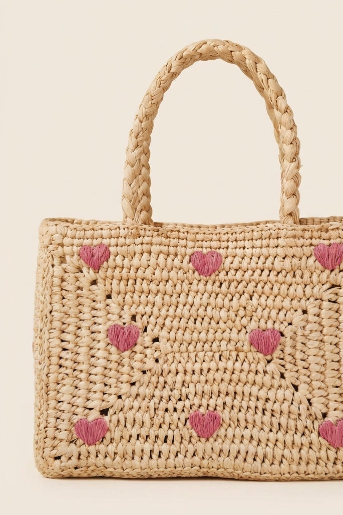 Mini panier Pio en raphia brodé cœurs roses, sac fait main Poumpoum Kids
