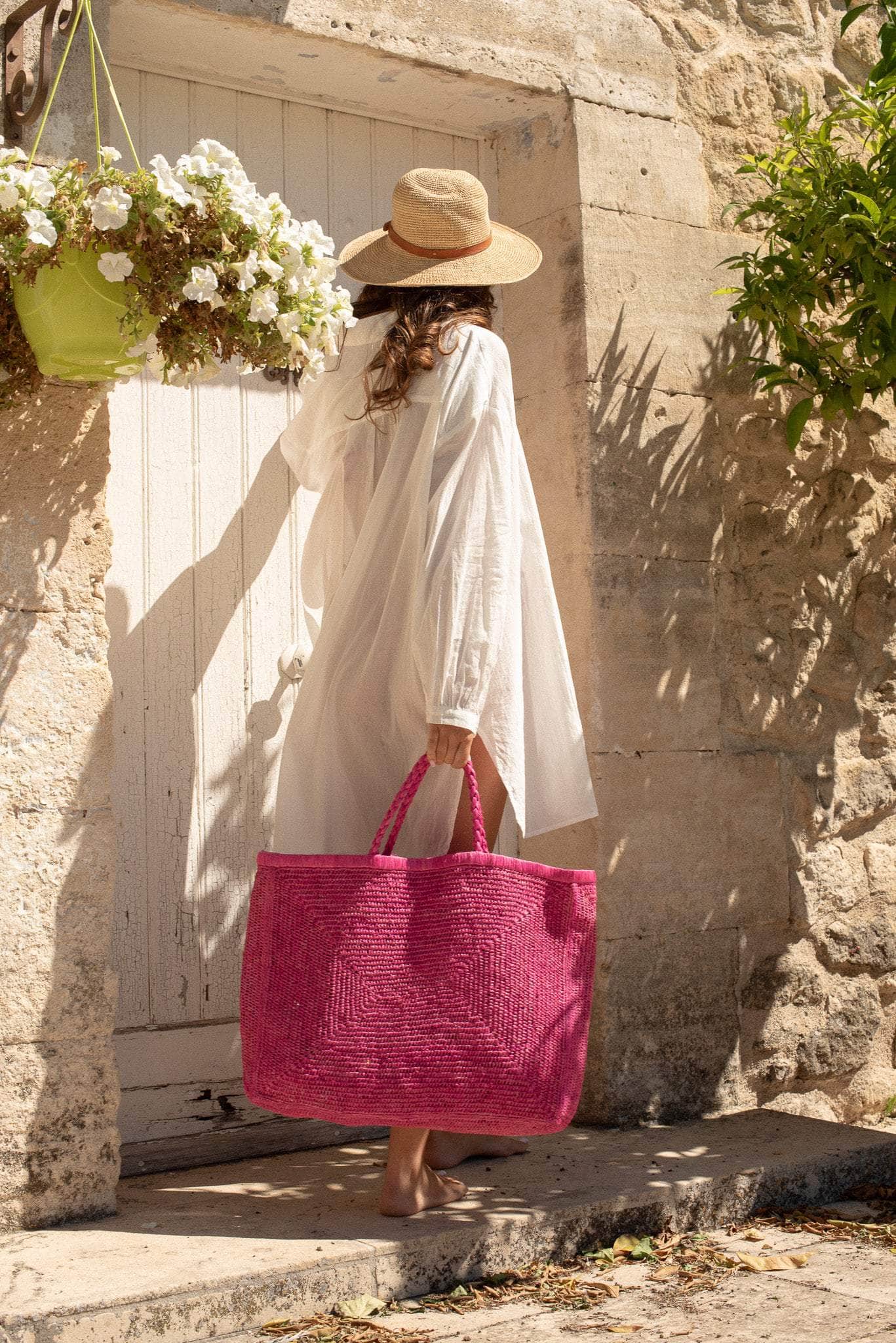 POUMPOUM CABAS Panier en raphia rose fushia