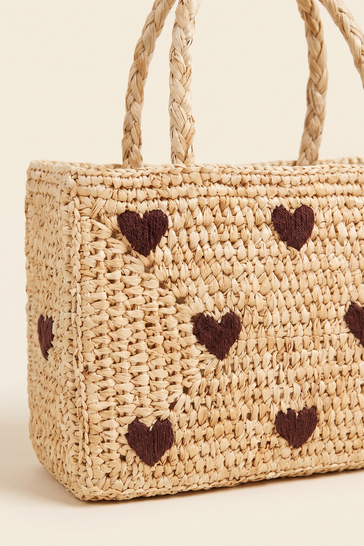 Mini panier raphia broderie cœurs marron - Pio