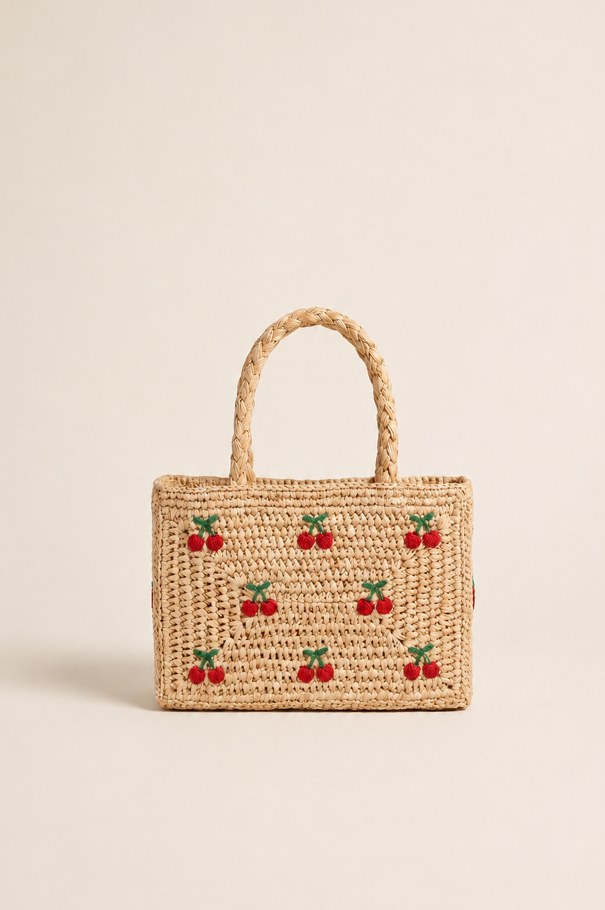 Mini panier Pio en raphia brodé cerises, sac fait main Poumpoum Kids