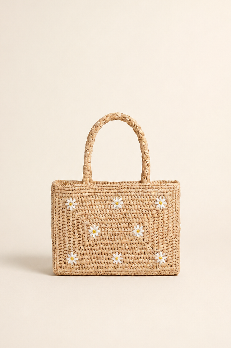 Mini panier Pio en raphia brodé fleurs, sac fait main Poumpoum Kids