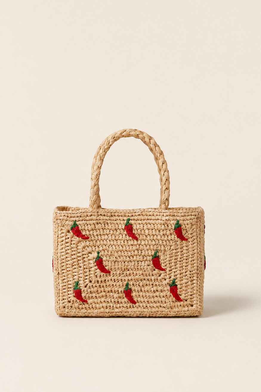 Mini panier Pio en raphia brodé piments, sac fait main Poumpoum Kids