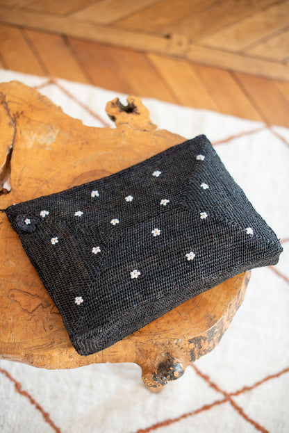 POCHETTE RAPHIA CROCHET - FLOWER POWER - NOIR - POUMPOUM KIDS