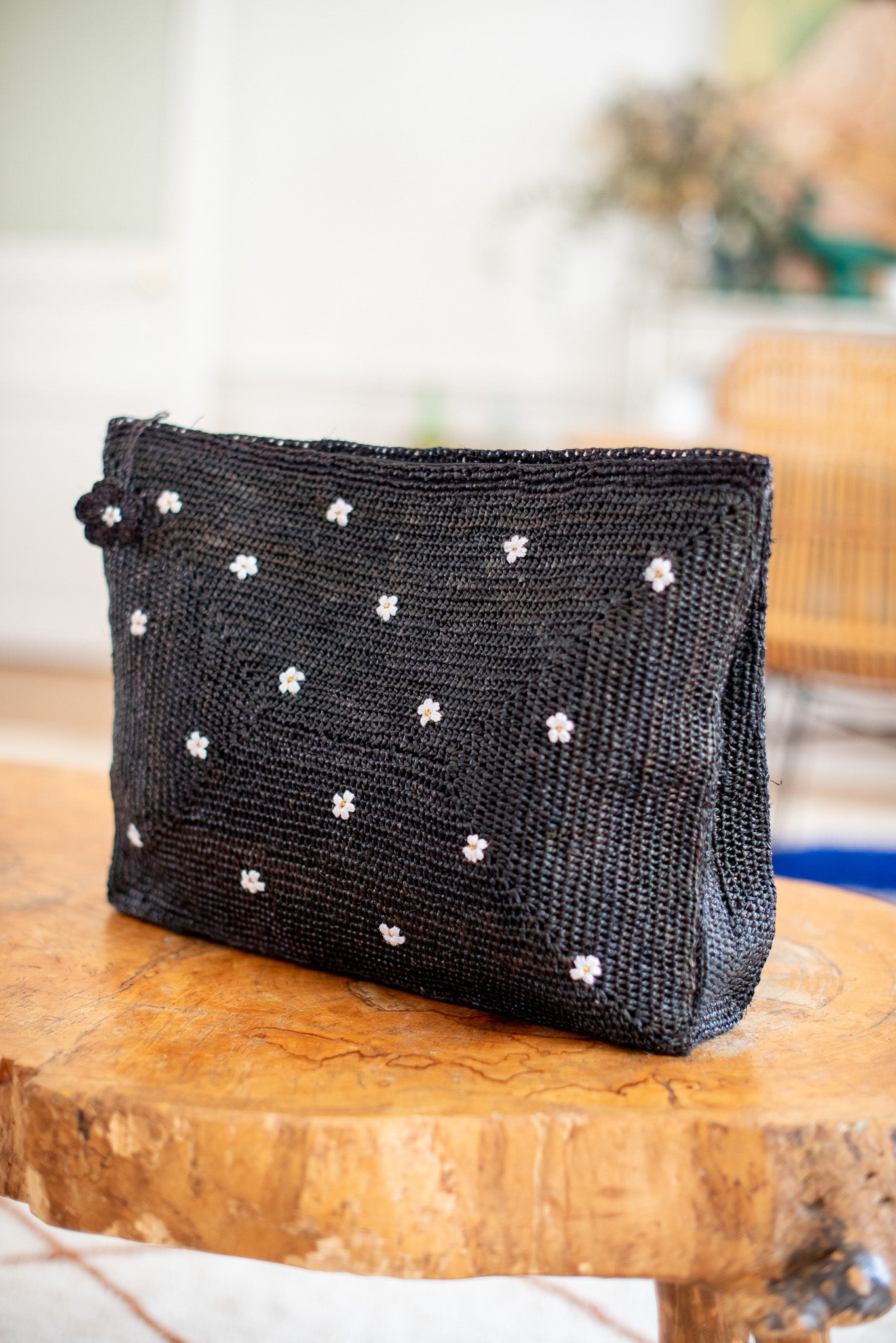 POCHETTE RAPHIA CROCHET - FLOWER POWER - NOIR - POUMPOUM KIDS