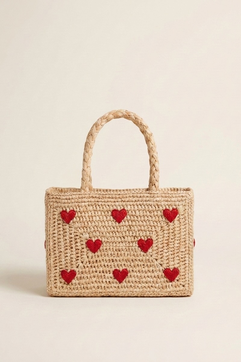 Petit Panier Cœurs raffia brodé