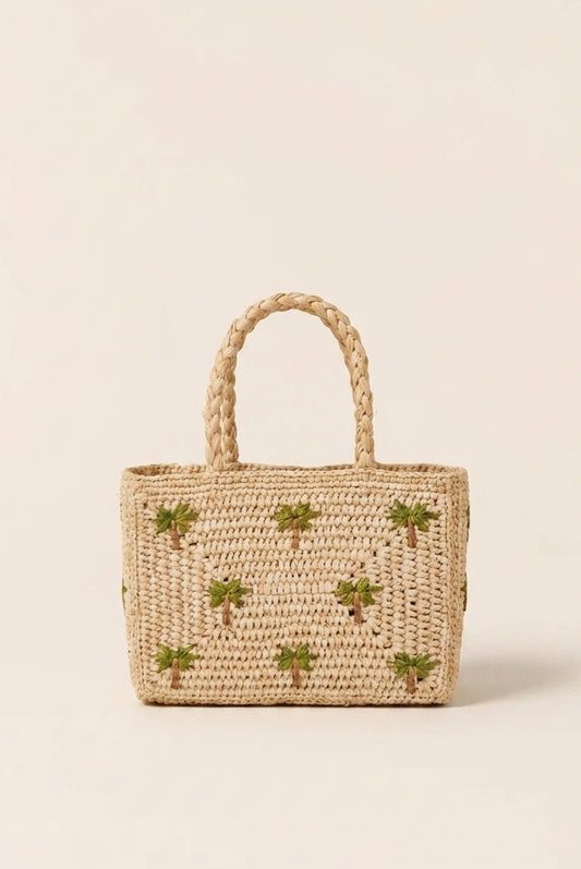 Mini panier Pio en raphia brodé palmiers, sac fait main Poumpoum Kids