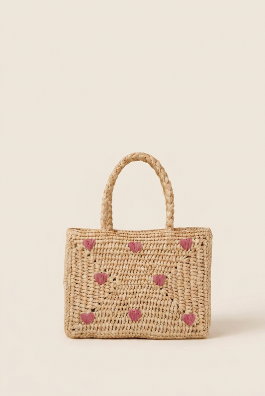 Mini panier raphia broderie cœurs roses - Pio