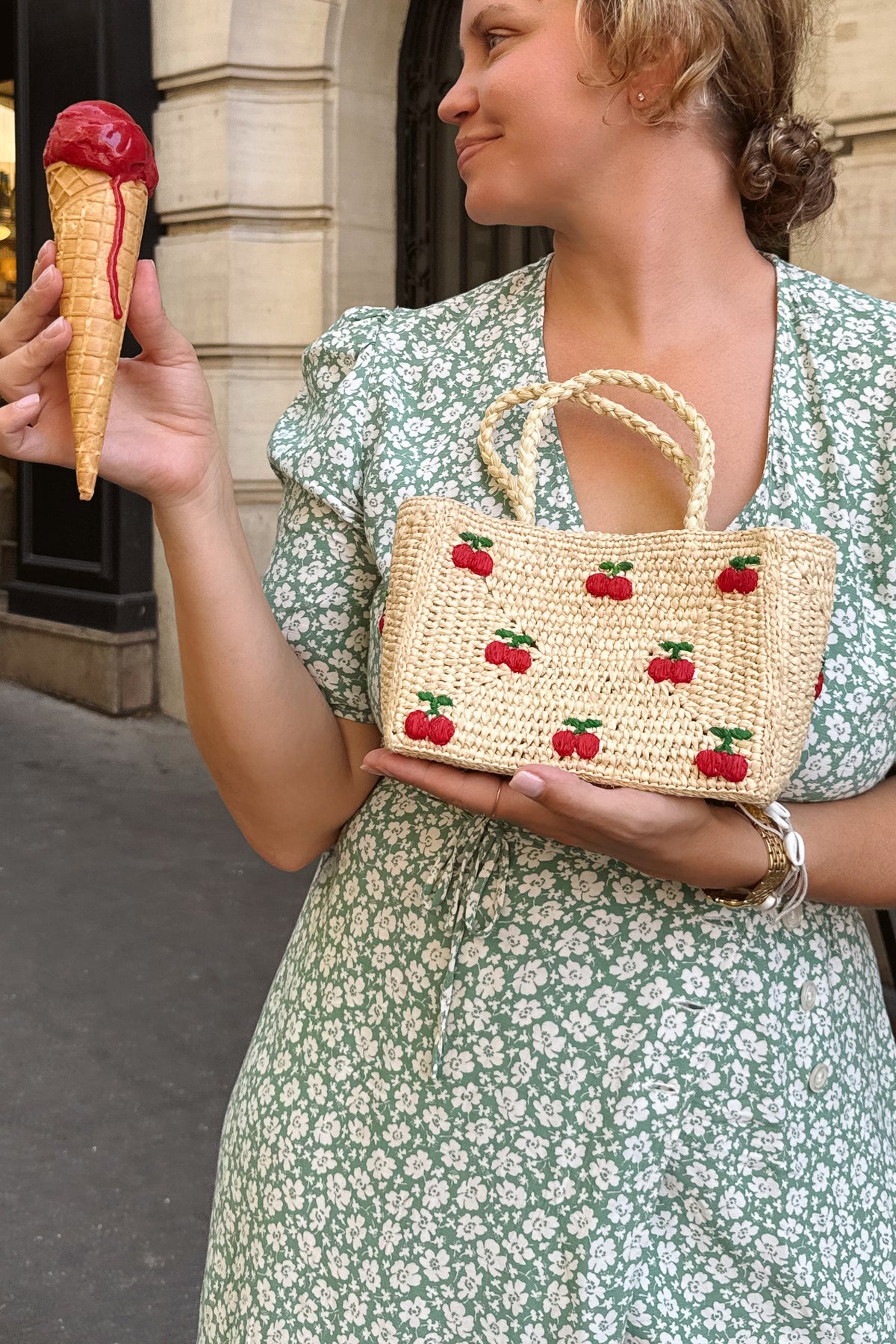 Mini panier raphia broderie cerises - Pio