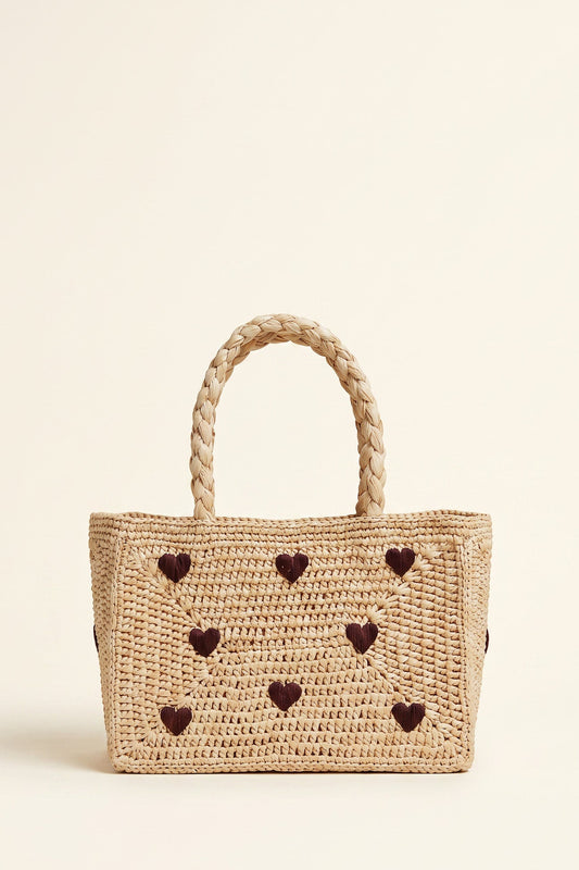 Mini panier Pio en raphia brodé cœurs marron, sac fait main Poumpoum Kids